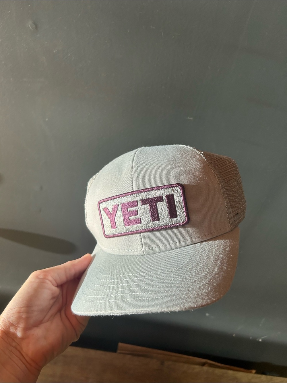 Yeti Light Gray Trucker Hat with Pink Patch